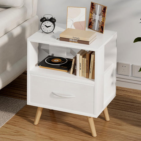 Night Stand, White Kids Nightstand with Drawer, Nursery Side Table with Open Storage