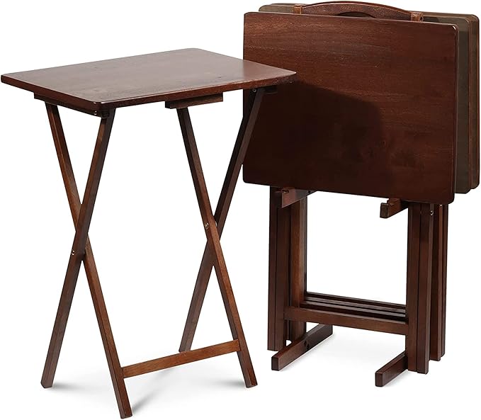 PJ Wood 5 Piece Set, 4 Folding Wooden TV Tray Snack Tables with Storage Rack