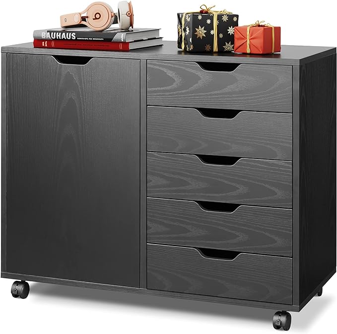 5-Drawer Wood Dresser Chest with Door, Mobile Storage Cabinet, Printer Stand