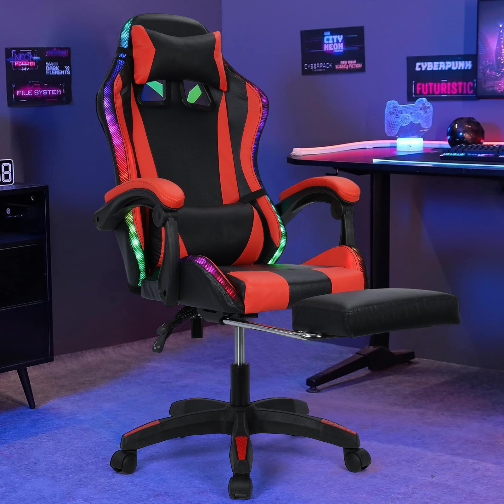 Gaming Chair with Bluetooth Speakers and LED Lights - Ergonomic High Back with Massage and Lumbar Support