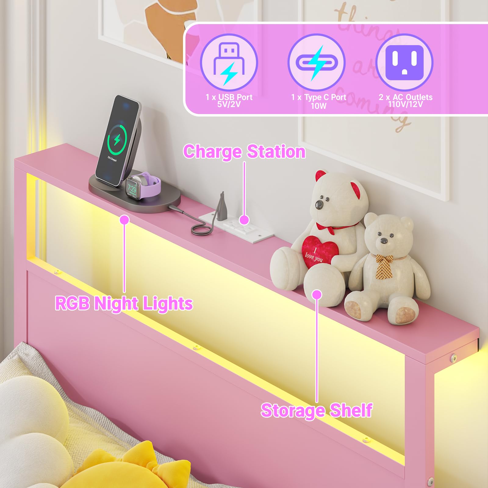 Twin Bed Frame with Storage, LED Lights & Charging Station