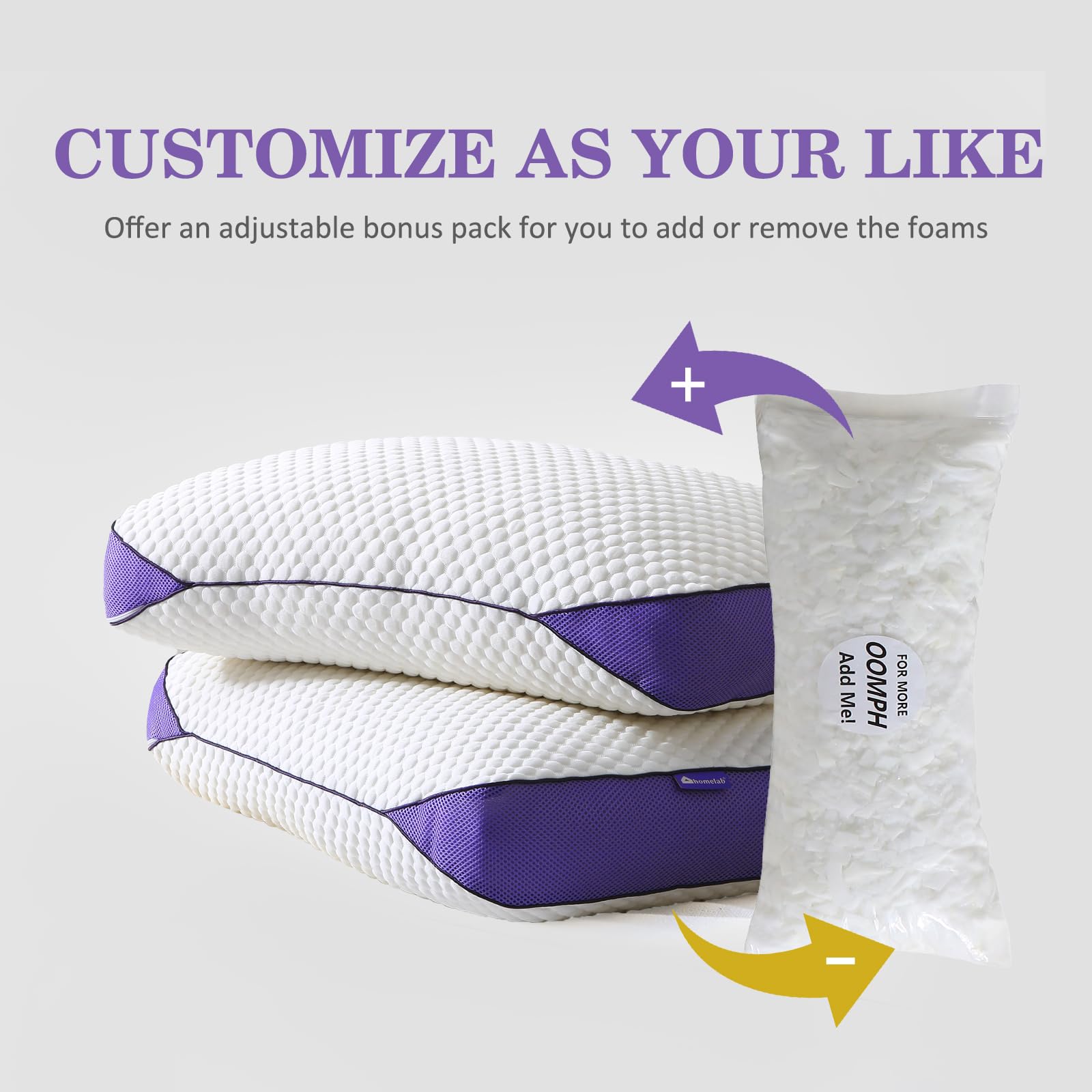 Adjustable Shredded Memory Foam Pillows Queen Size, Cooling Bed Pillows for Sleeping