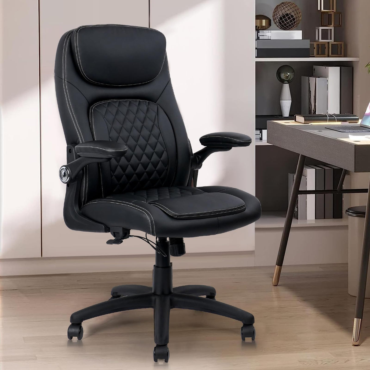 Executive Office Chair PU Leather with Adjustable Flip-up Armrests, High Back Ergonomic