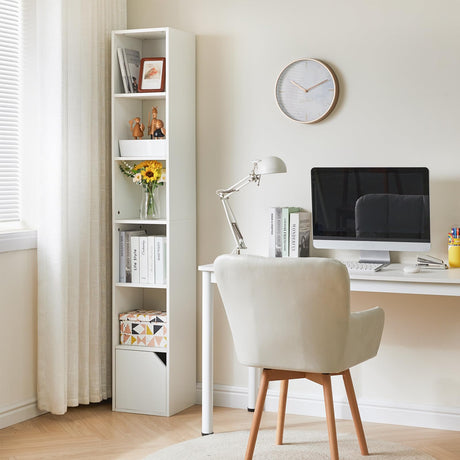 6 Tier Tall Narrow Bookcase, Modern White Corner Bookcase with Doors Storage