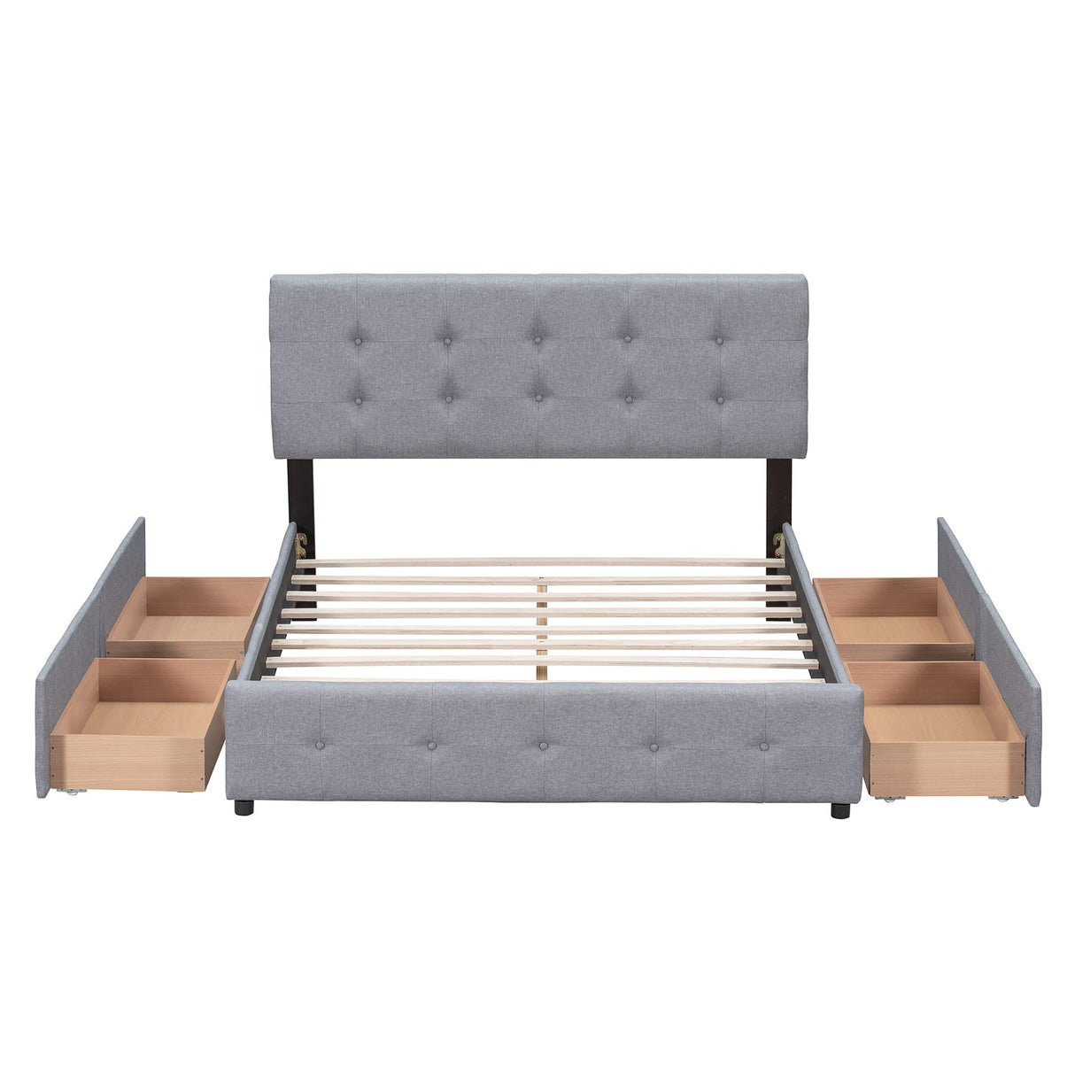 Queen Upholstered Platform Bed Frame with Classic Headboard and 4 Drawers, No Box
