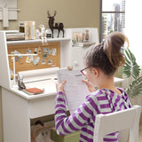 Drawing Desk with Wooden Tabletop Paper Roll Dispenser,White Kids Desk and Chair Set for 5-12 Year Old, Kids Study Table with Drawers and Storage Shelf-4p10