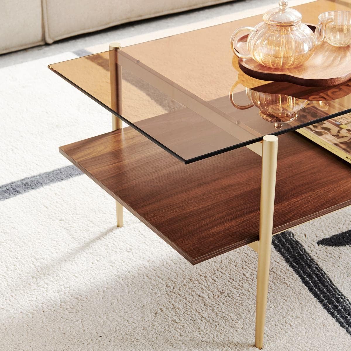 Layer Glass Coffee Table for Living Room, Brown Glass & Coffee Brown MDF Bottom Shelf