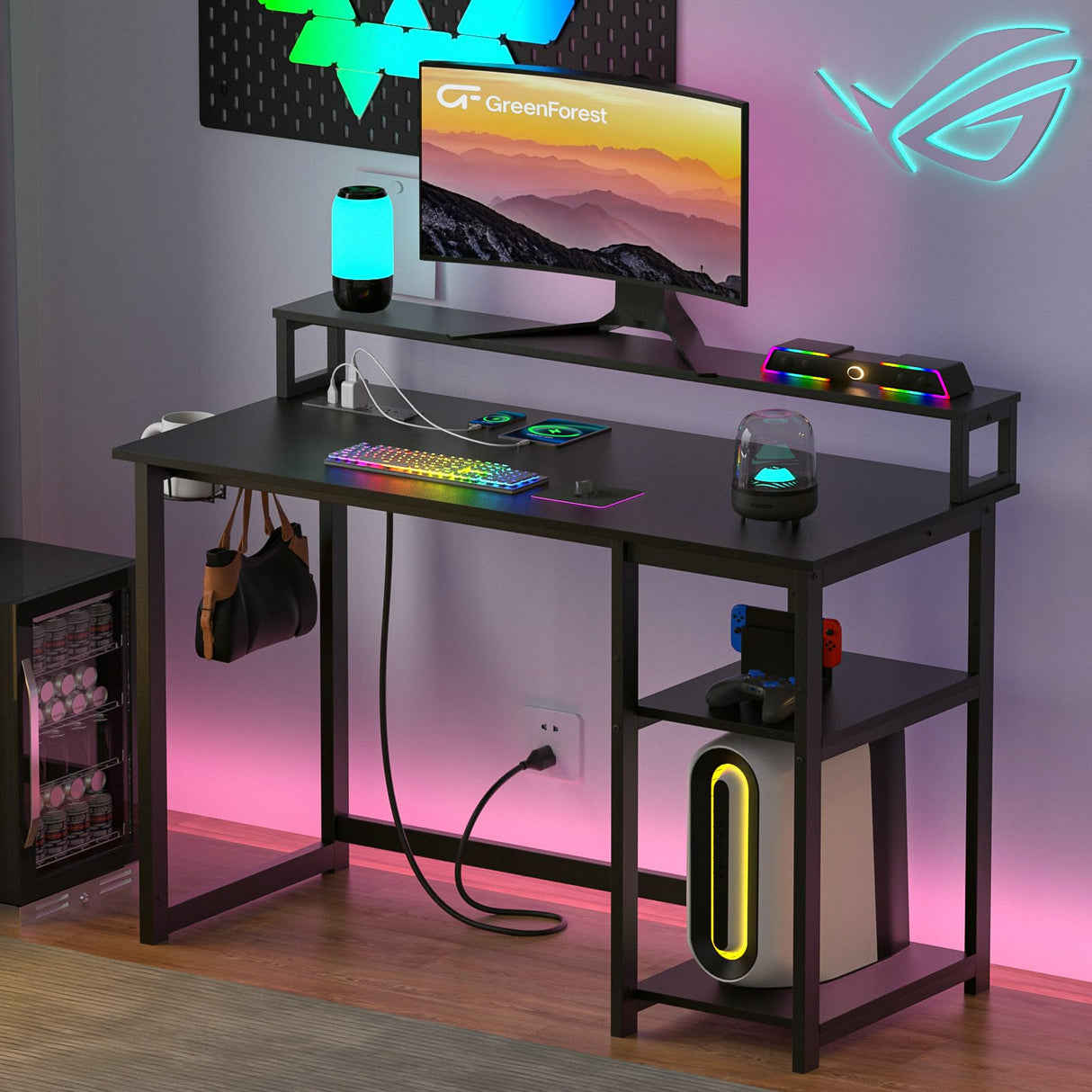 47 inch Gaming Desk with Power Outlets, Small Home Office Desk with Ergonomic Monitor Stand