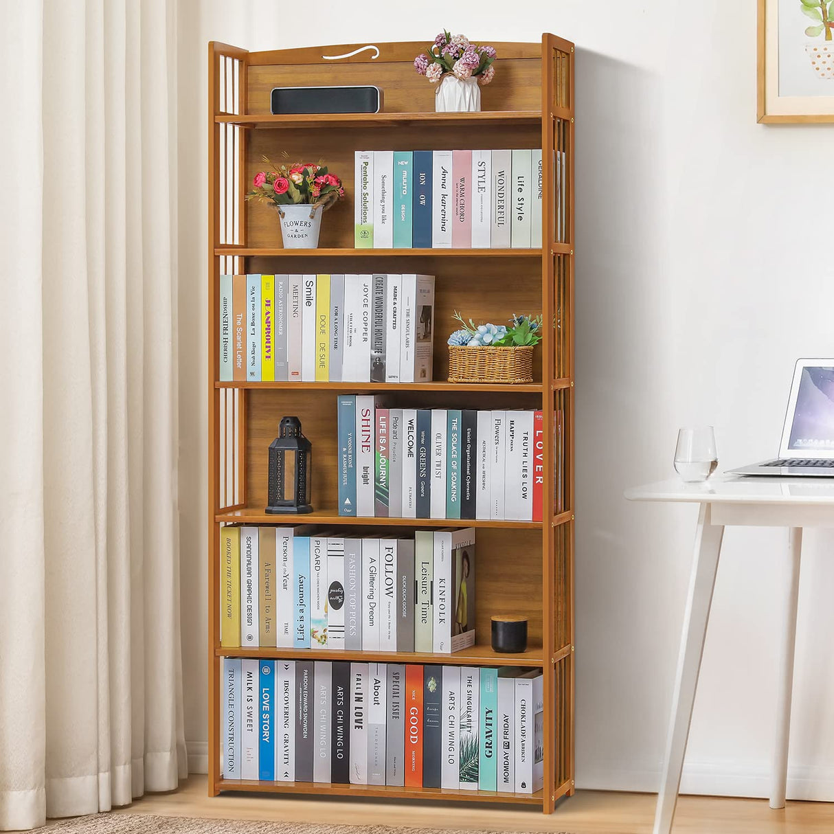 Bamboo Bookshelf, 6-Tier Adjustable Tall Bookcase Rack Organizer Shelving Free
