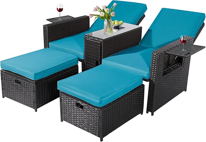 5PCS Outdoor Wicker Chaise Lounge Chair - Rattan Adjustable Reclining Patio Lounge