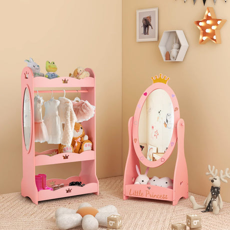 Kids Full Length Mirror, Princess Floor Free Standing Mirror w/Storage Shelf