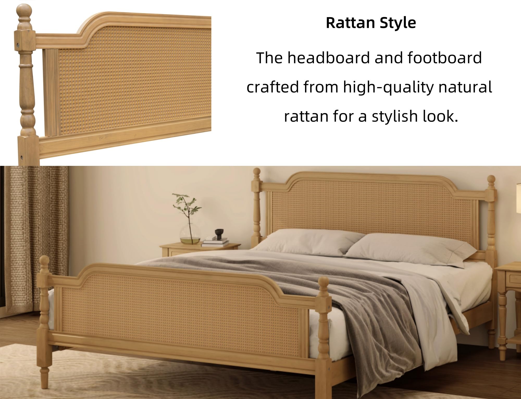 King Bed Frame with Rattan Headboard - Solid Pine Wood Platform