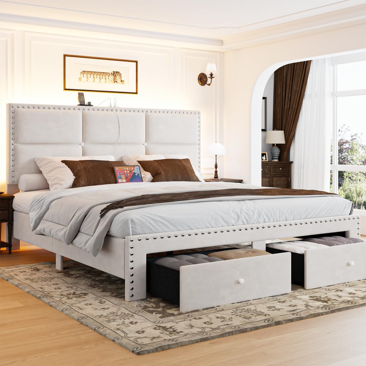 Queen Bed Frame with Storage Drawers and Charging Station