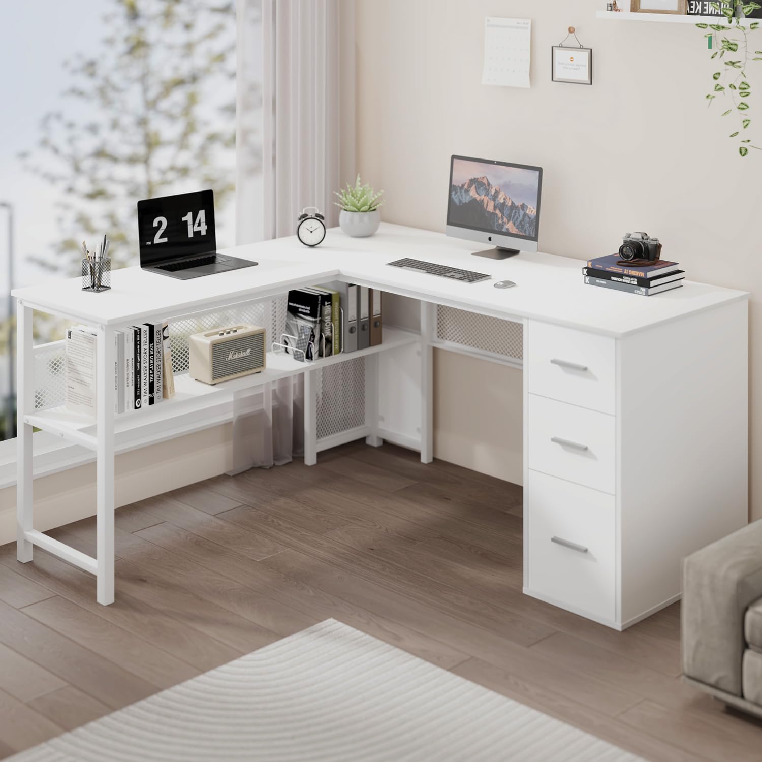 White L shaped Corner Desk with Drawers, Reversible Modern L-Shaped Computer Desk