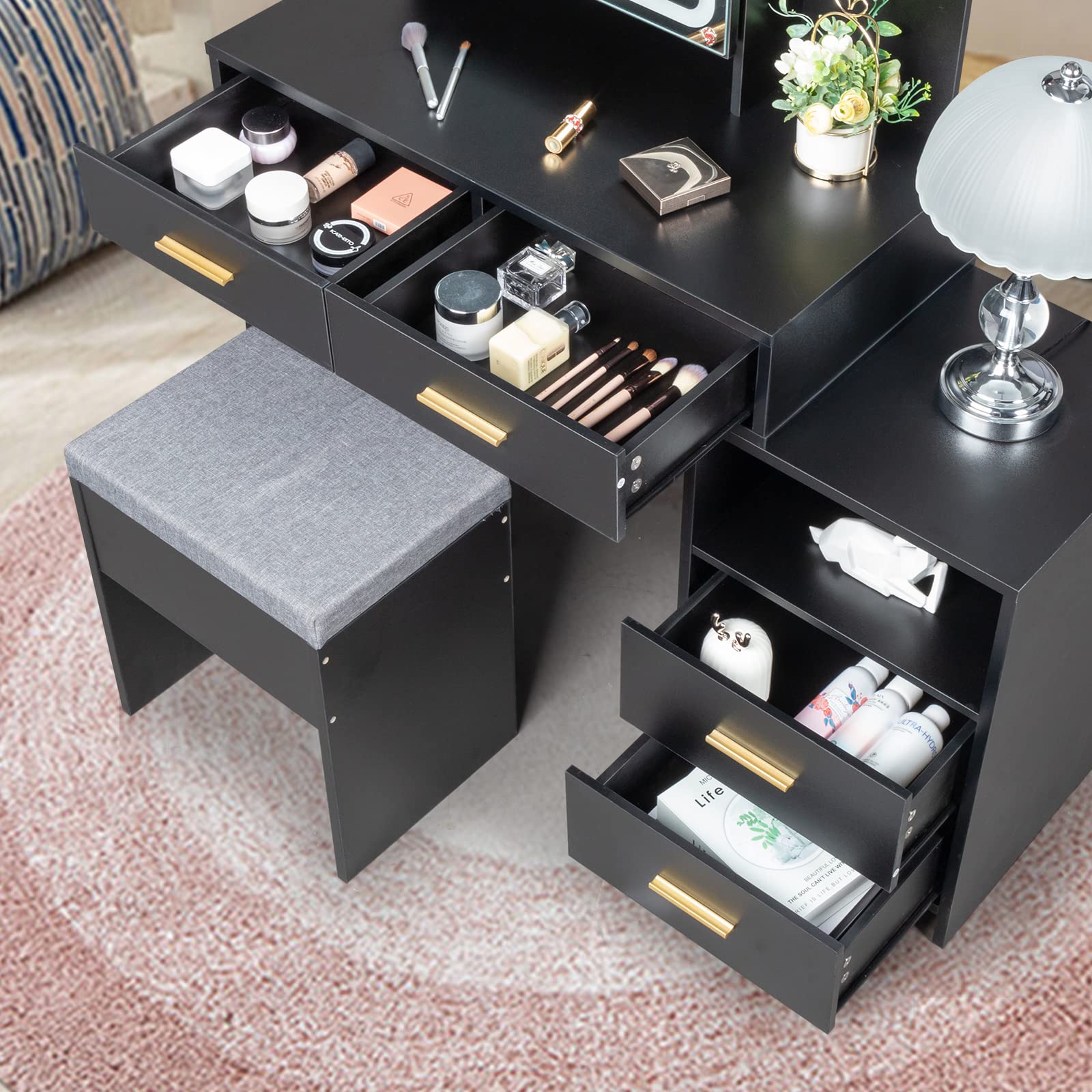 Table Set with Sliding Lighted Mirror 3-Color Lighting Makeup Desk with 4 Drawers,