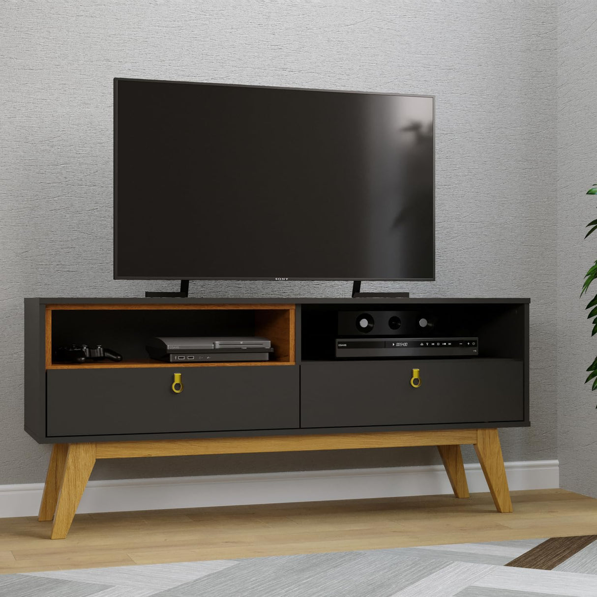 Milwaukee Black Matte TV Stand - Mid-Century Modern Entertainment Center for TVs up to 55"