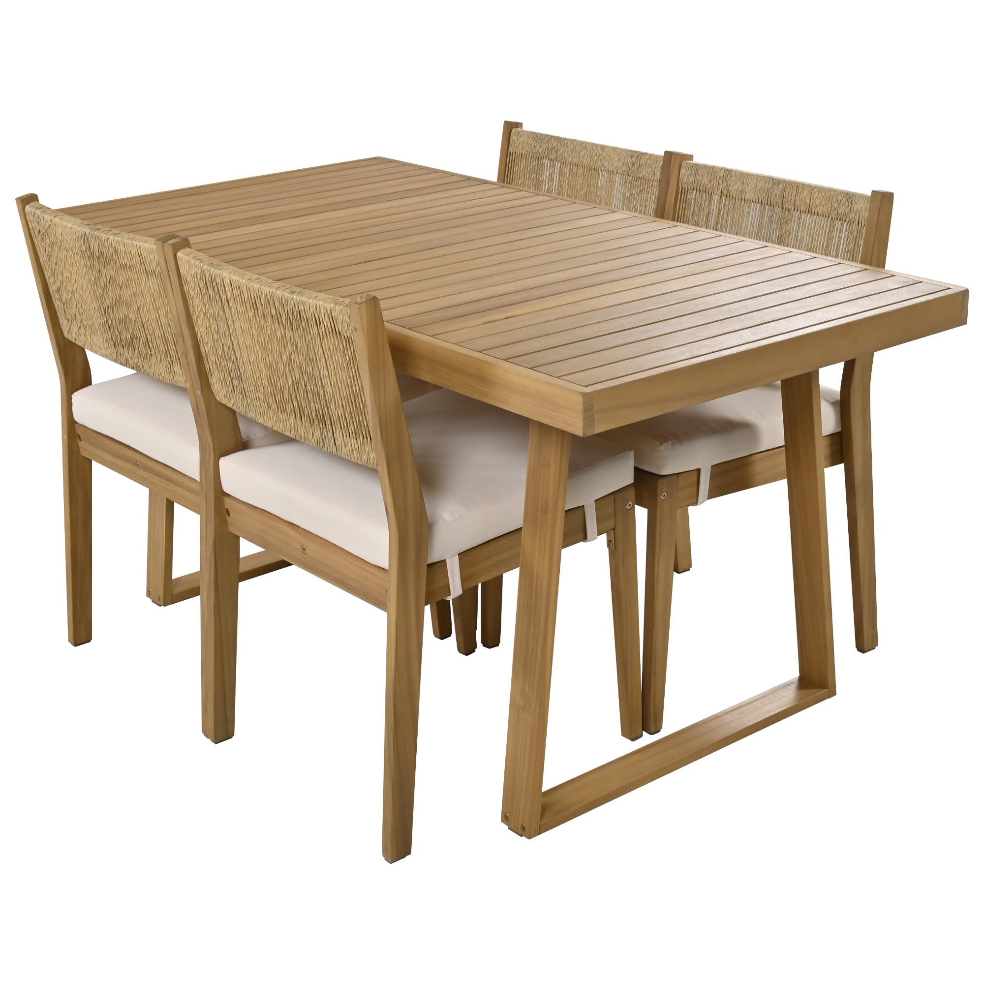 Wood Outdoor Dining Table Set for 4,All Weather Patio Chairs with Soft Cushions and Jute Rope Knitted Back