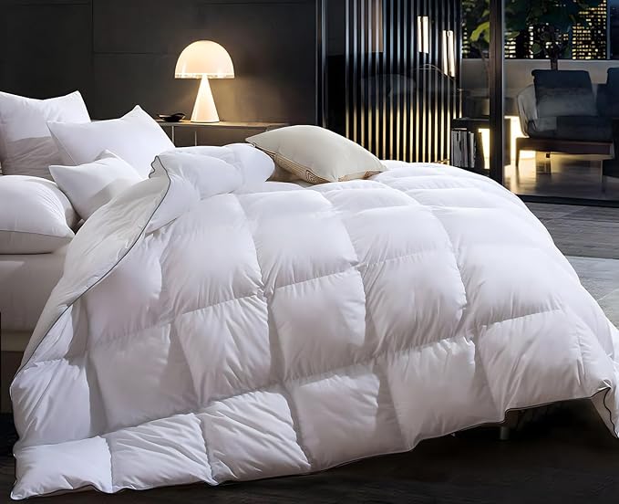 Box Real Down Comforter, 750 Fill-Power Ultra-Soft Down Duvet Insert, All Season White Feathers Down Comforters Queen Size, Medium Warm Bed Comforter, Fluffy and Cozy, 8 Tabs - 90"X90"