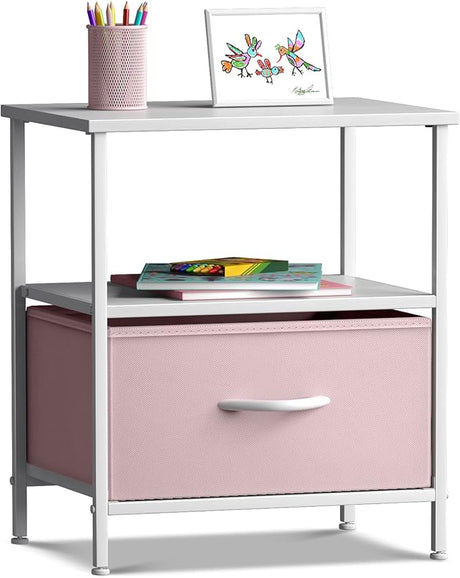 Storage Nightstand - Kids Bedside Furniture End Table Night Stand with Steel Frame Wood