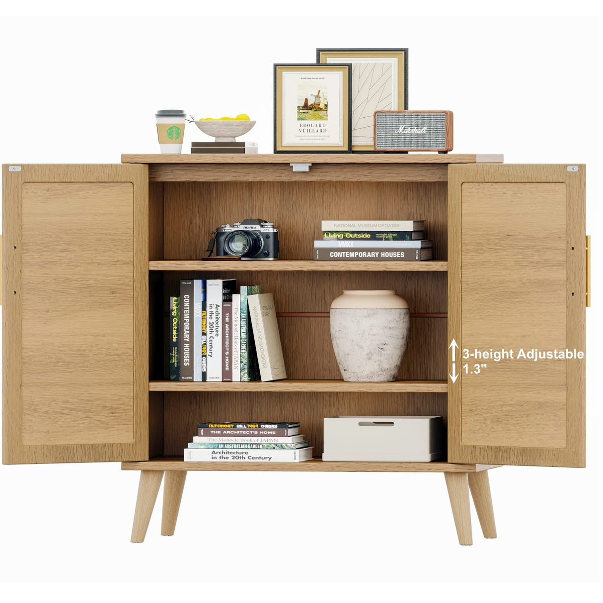 Rattan Storage Cabinet with Doors, Accent Bathroom Floor Cabinet, Modern Sideboard