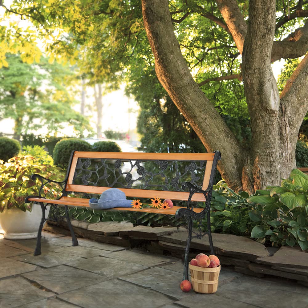 Patio Bench with Backrest and Armrests - Metal and Wood Bench
