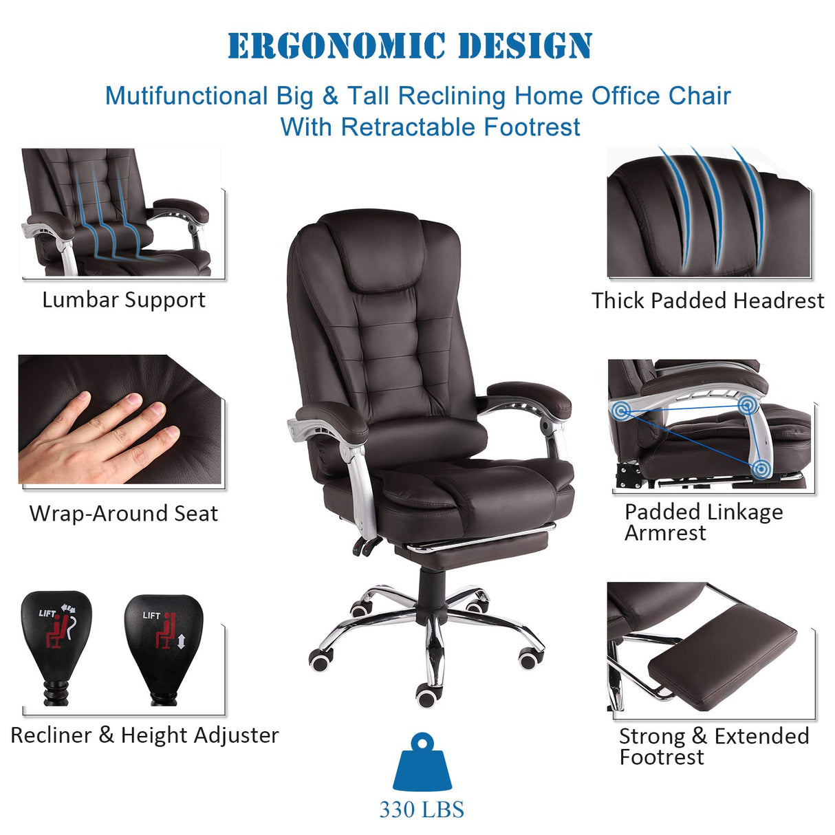 Ergonomic Executive Office Chair with Retracable Footreat - High Back Home Office Chair