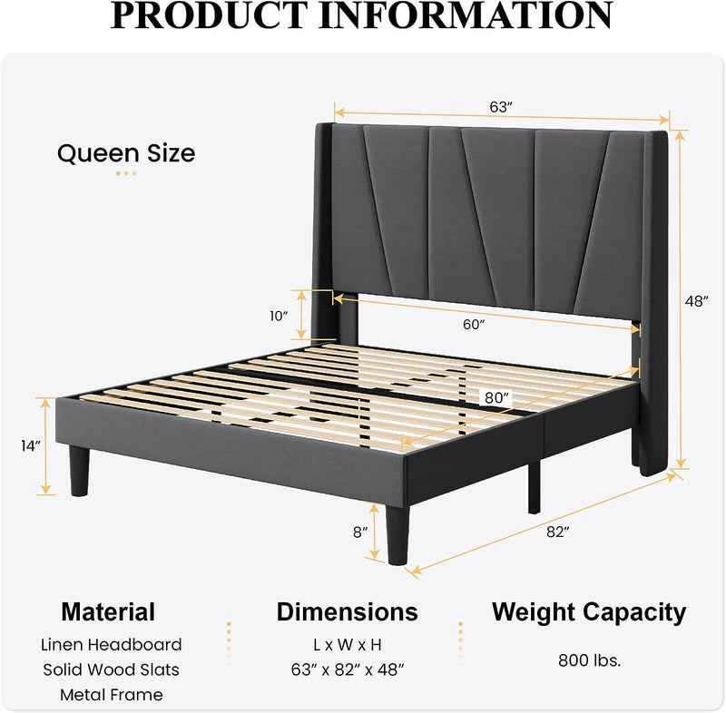 Queen Bed Frame, Upholstered Platform Bed with Geometric Headboard and Wingback
