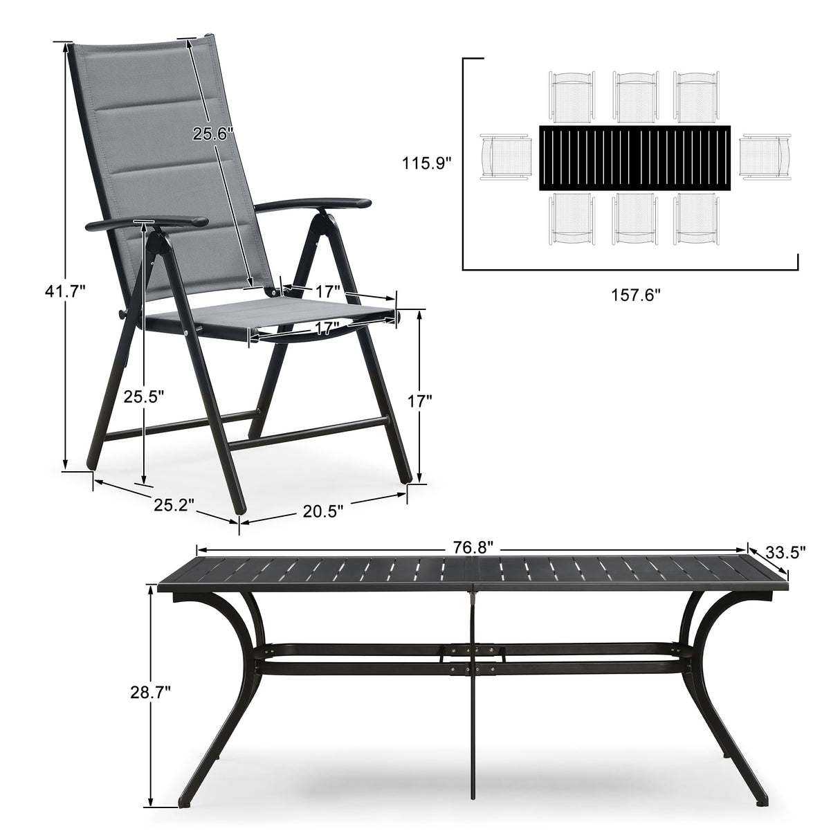 Outdoor Patio Dining Set with 8 Folding Portable Chairs and 1 Rectangle