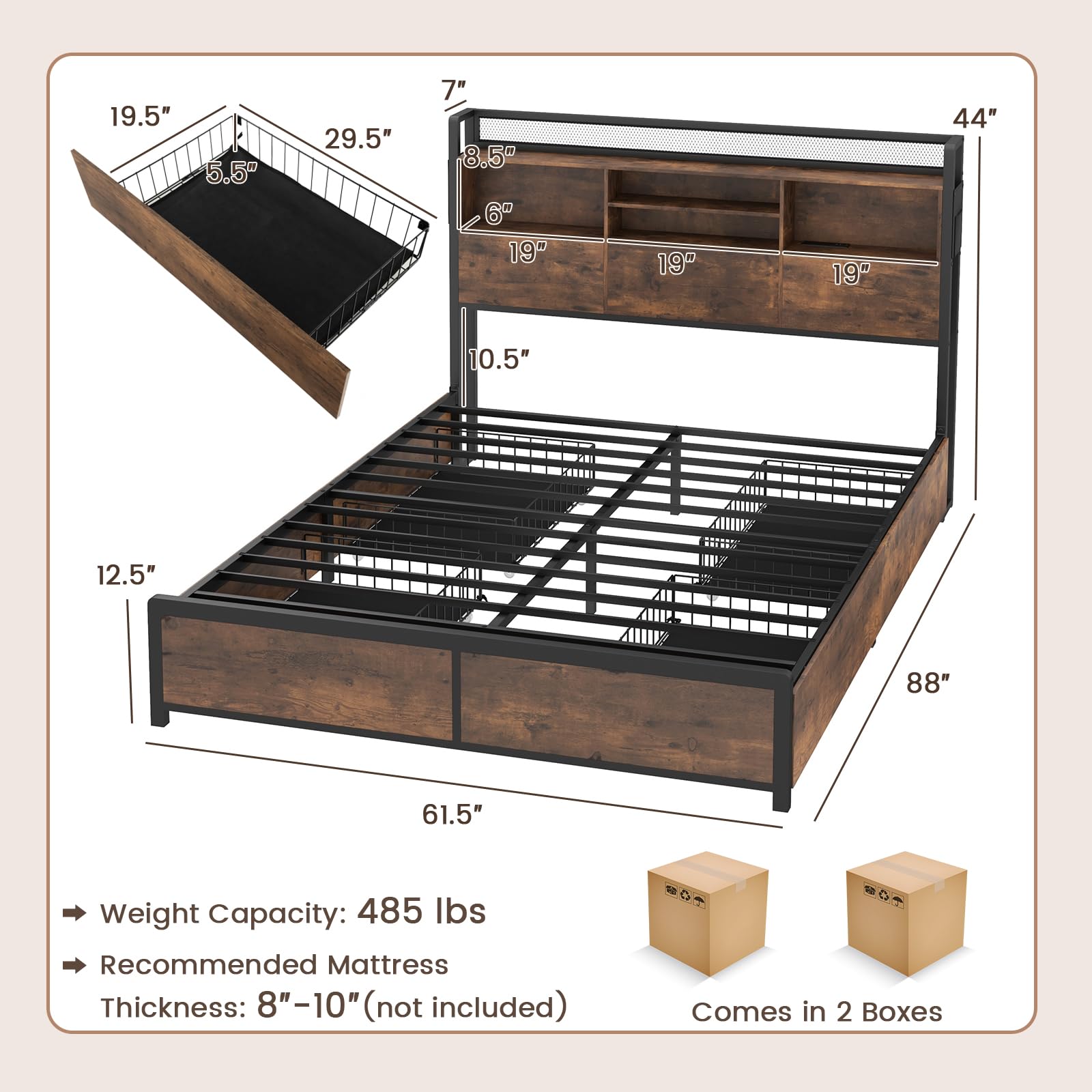 Giantex Queen Bed Frame with 4 Storage Drawers and Bookcase Headboard, Industrial Bed Frame with Charging Station, Heavy Duty Slats Support, No Box Spring Needed, Metal Queen Platform Bed with Storage