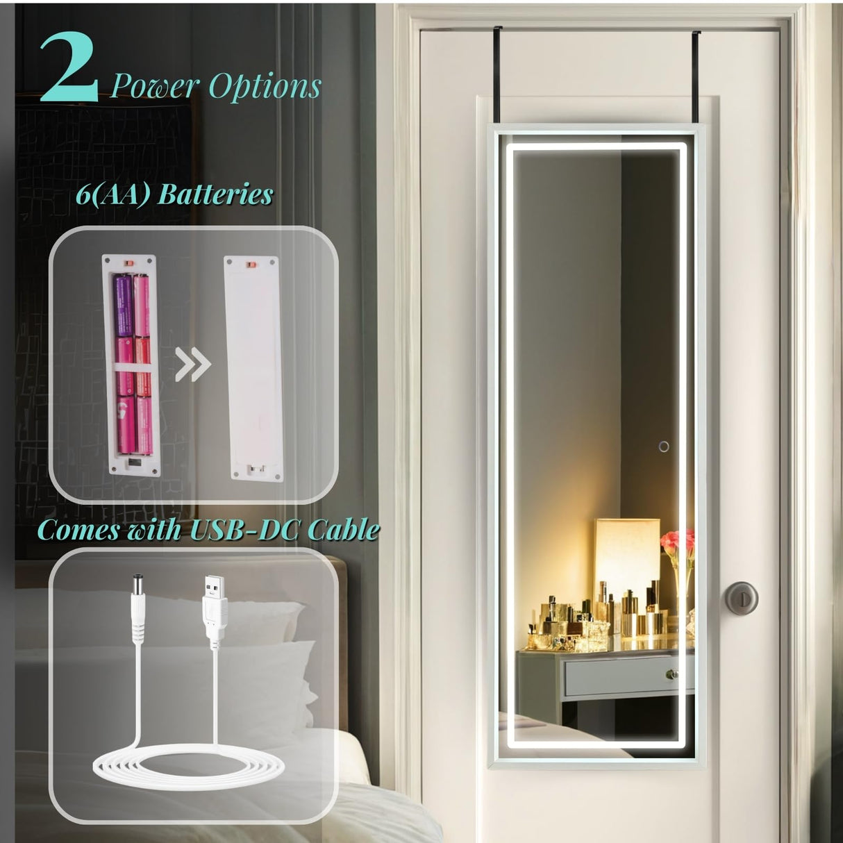 LED Door Mirror Full Length, Over The Door Hanging Lighted Mirror, Full Body Wall Mounted Mirror, Light Up Long Dressing Mirror 42.5" X 14.4"