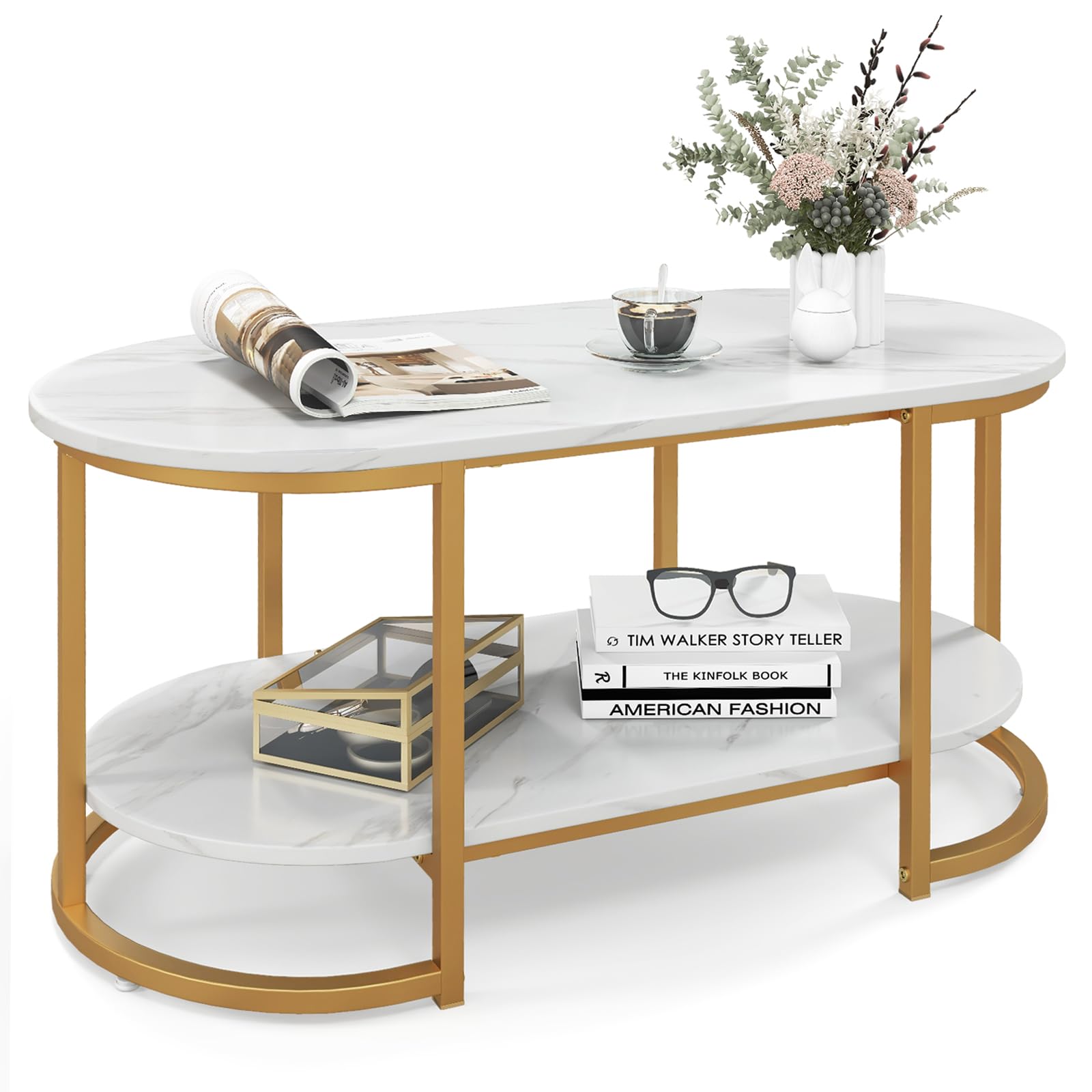 Modern Coffee Table 2 Tier, 39” Oval Coffee Table with Faux Marble