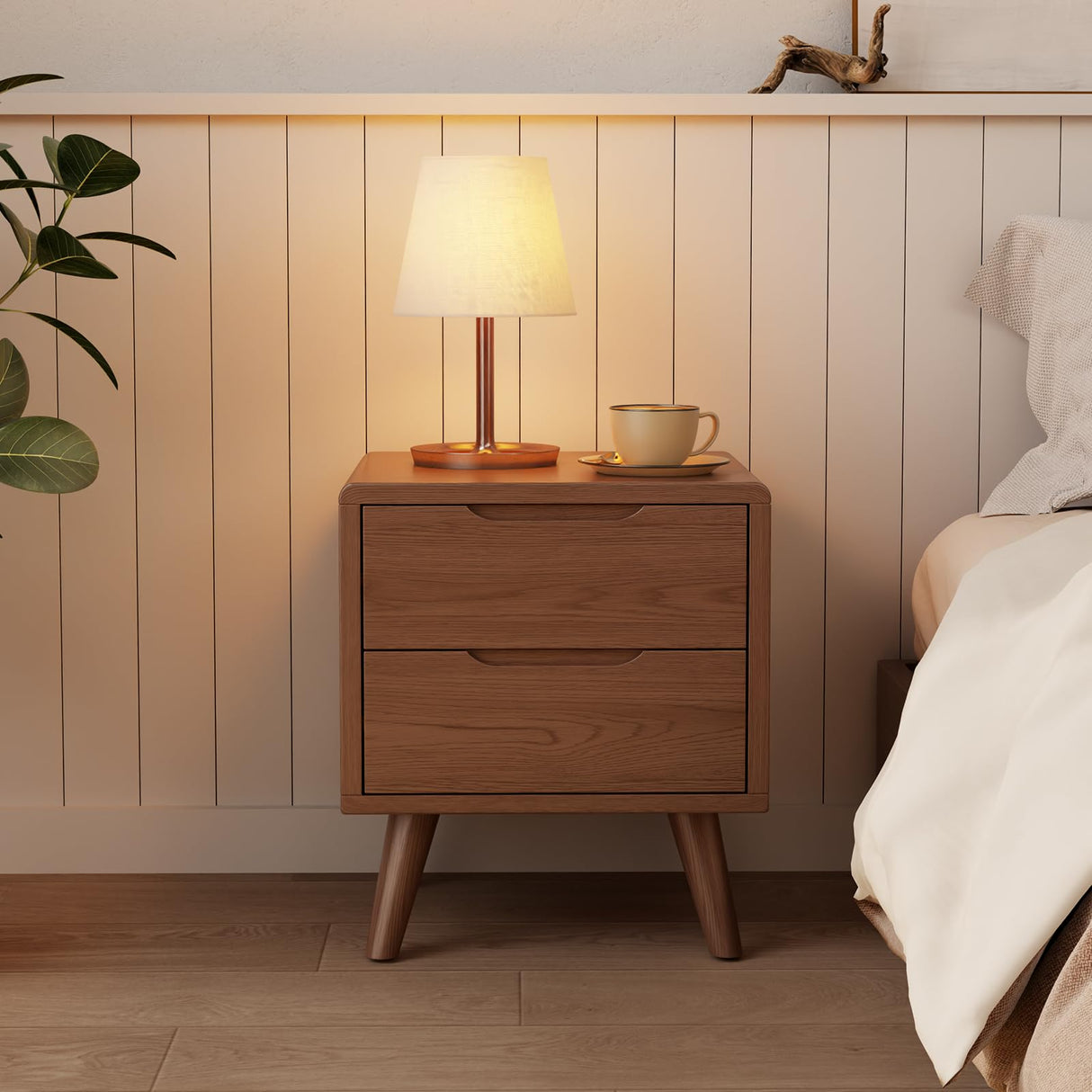 Solid Wood Nightstand with Drawers, Mid-Century Modern Nightstand, 2 Drawer Storage