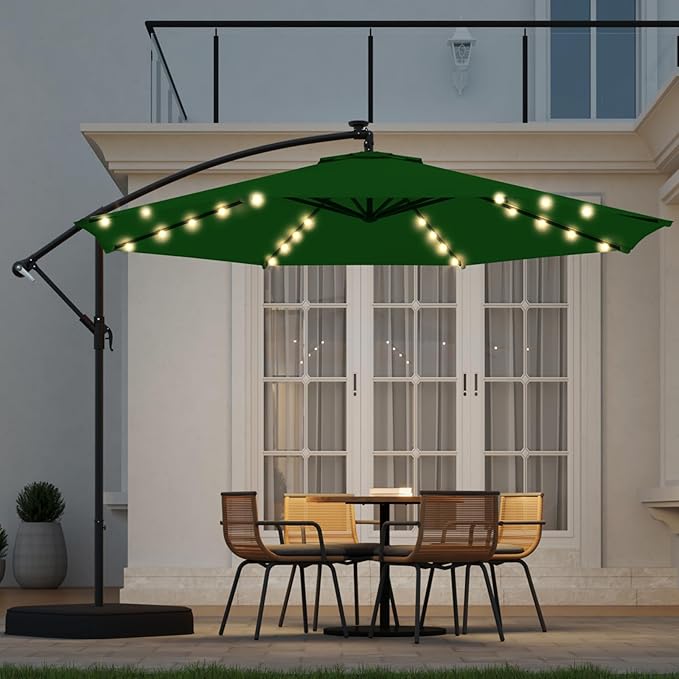 10ft Solar Lighted Patio Umbrella with Base Included, Outdoor Offset Cantilever Umbrella