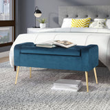 Adeco 39.6 inch Modern Velvet Storage Bench Ottoman,Upholstered Storage End of Bed Bench, Tufted Button Entryway Bench with Golden Metal Legs for Bedroom Living Room (Blue)