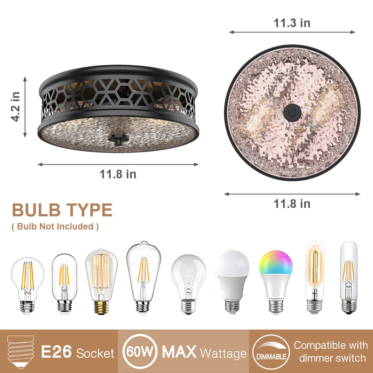 12 Inch Flush Mount Ceiling Light with Rippled Glass - 2 Light Vintage Black Fixture