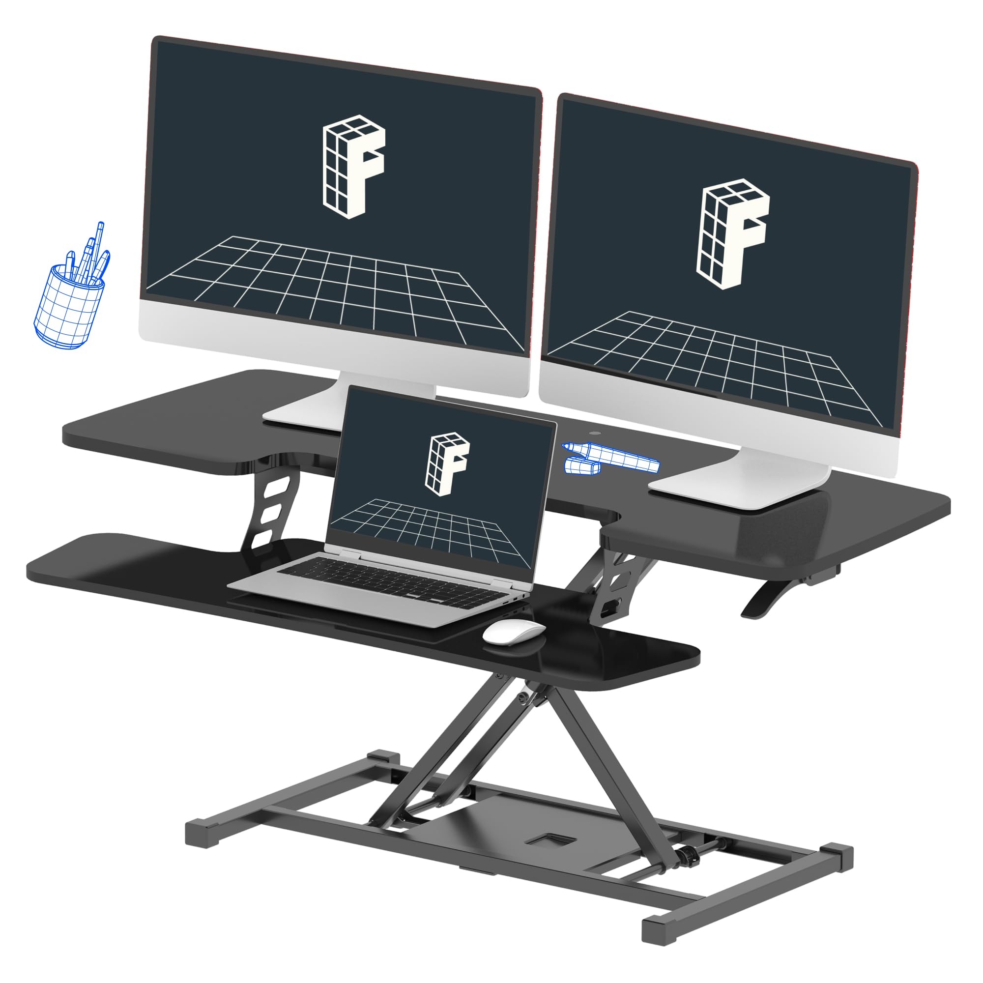 Standing Desk Converter 42 inch Spacious Sit to Stand up Dual Monitor and Laptop Desk Riser, Big Size Tabletop Workstation with Large Keyboard Tray, Black
