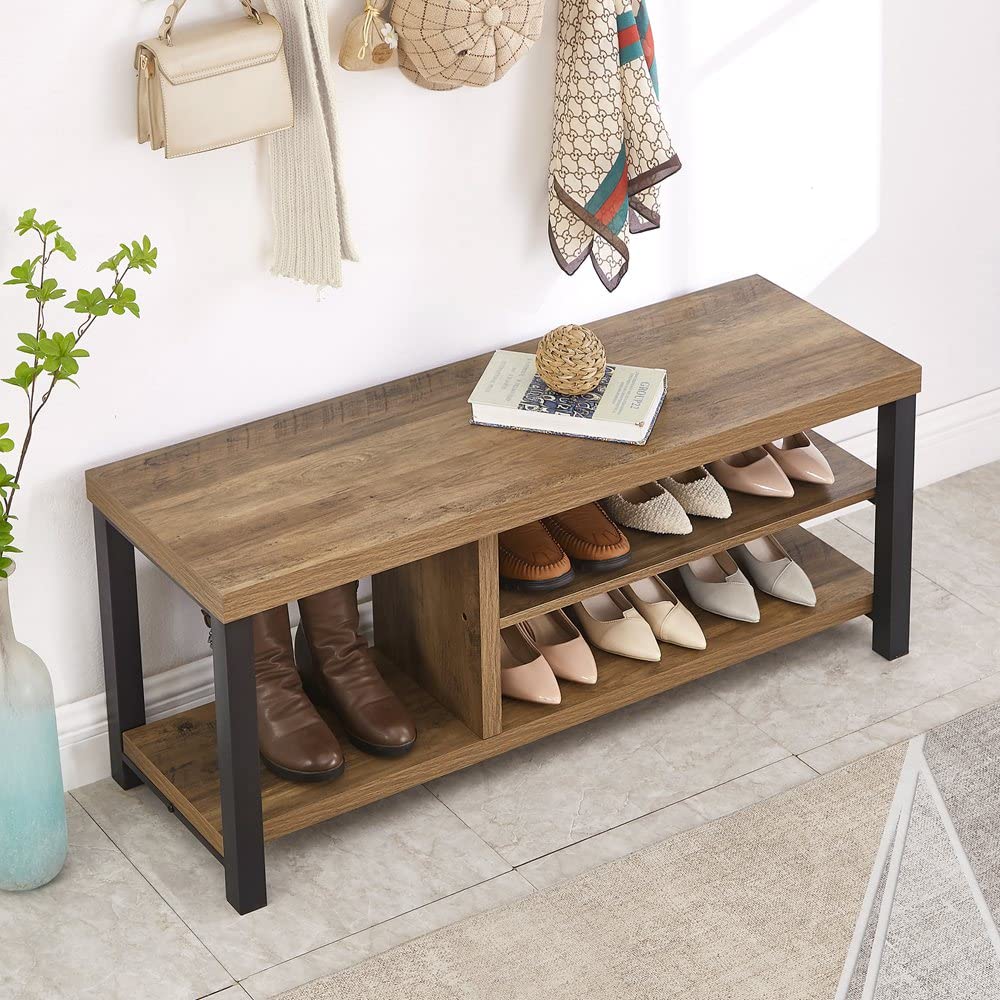 Industrial Entryway Bench, Rustic Wood and Metal Shoe Storage Bench Seat for Living Room, Oak