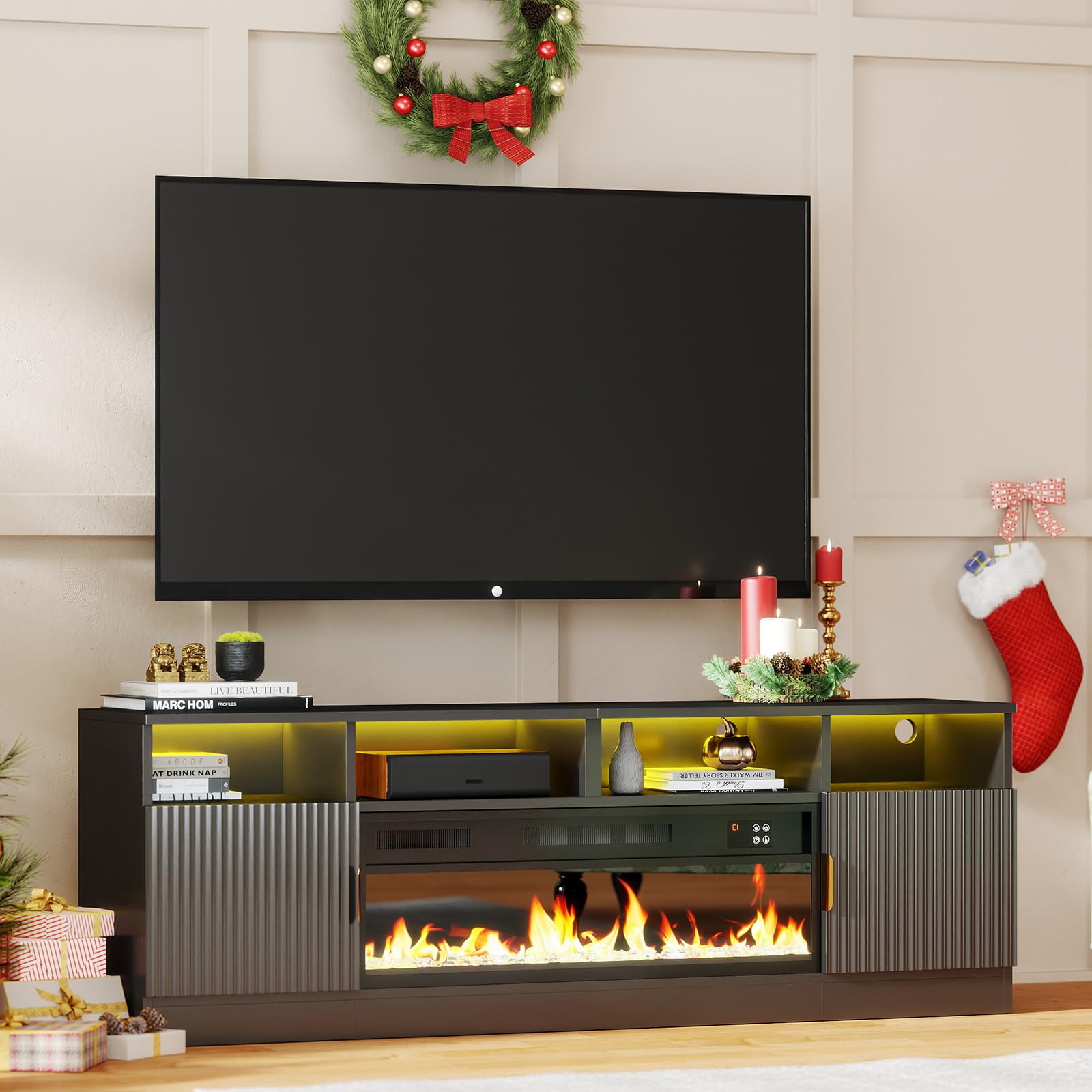 70" Fireplace TV Stand with 38.3" Electric Fireplace & 24 Colors LED Light