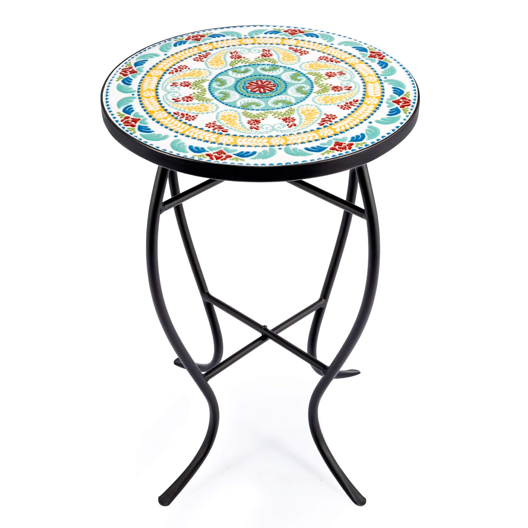 VONLUCE 21" Mosaic Plant Stand, 14 Inch Round Side Table with Ceramic Tile Top, Indoor and Outdoor Accent Table, Outdoor Patio Furniture, End Table for Garden Patio Living Room More, Floral - Bircata