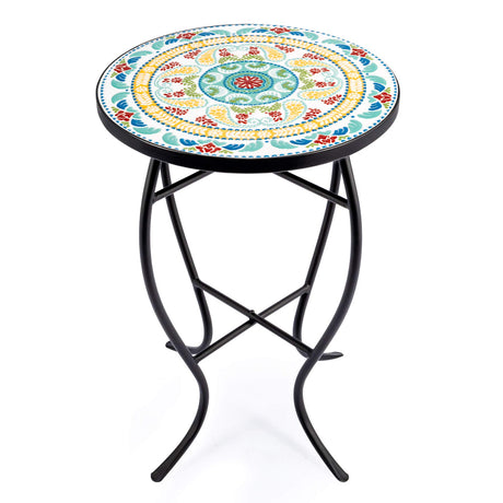 VONLUCE 21" Mosaic Plant Stand, 14 Inch Round Side Table with Ceramic Tile Top, Indoor and Outdoor Accent Table, Outdoor Patio Furniture, End Table for Garden Patio Living Room More, Floral - Bircata