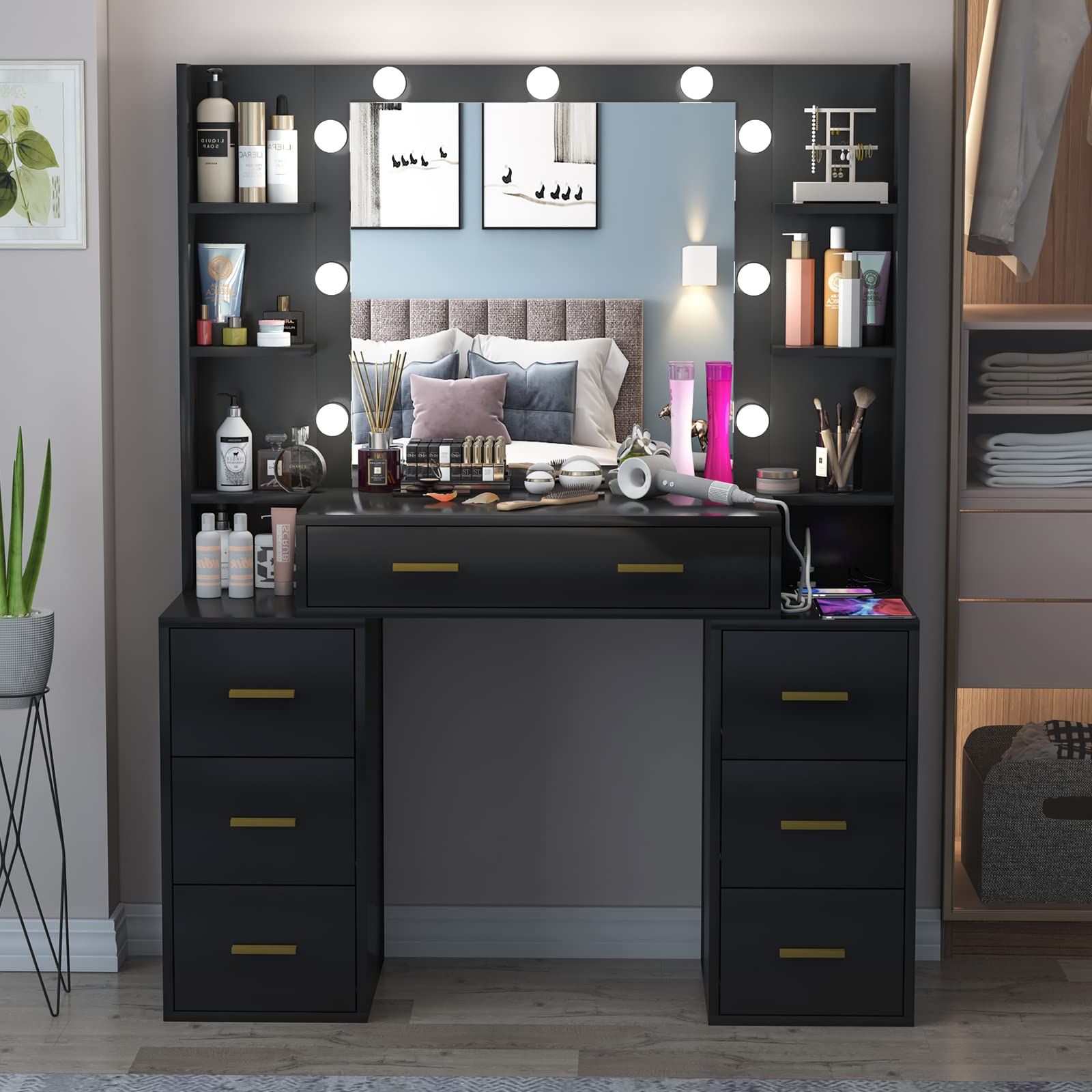 Vanity Set with Lighted Mirror, 43'' Makeup Vanity with 3 Lighting Colors & Power Outlet