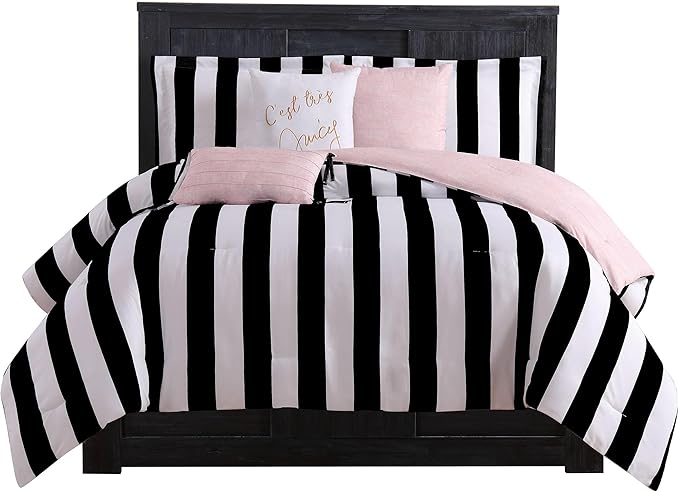 Cabana Stripe Reversible Bedding Set - King Size - Black and Hot Pink Stripe Print