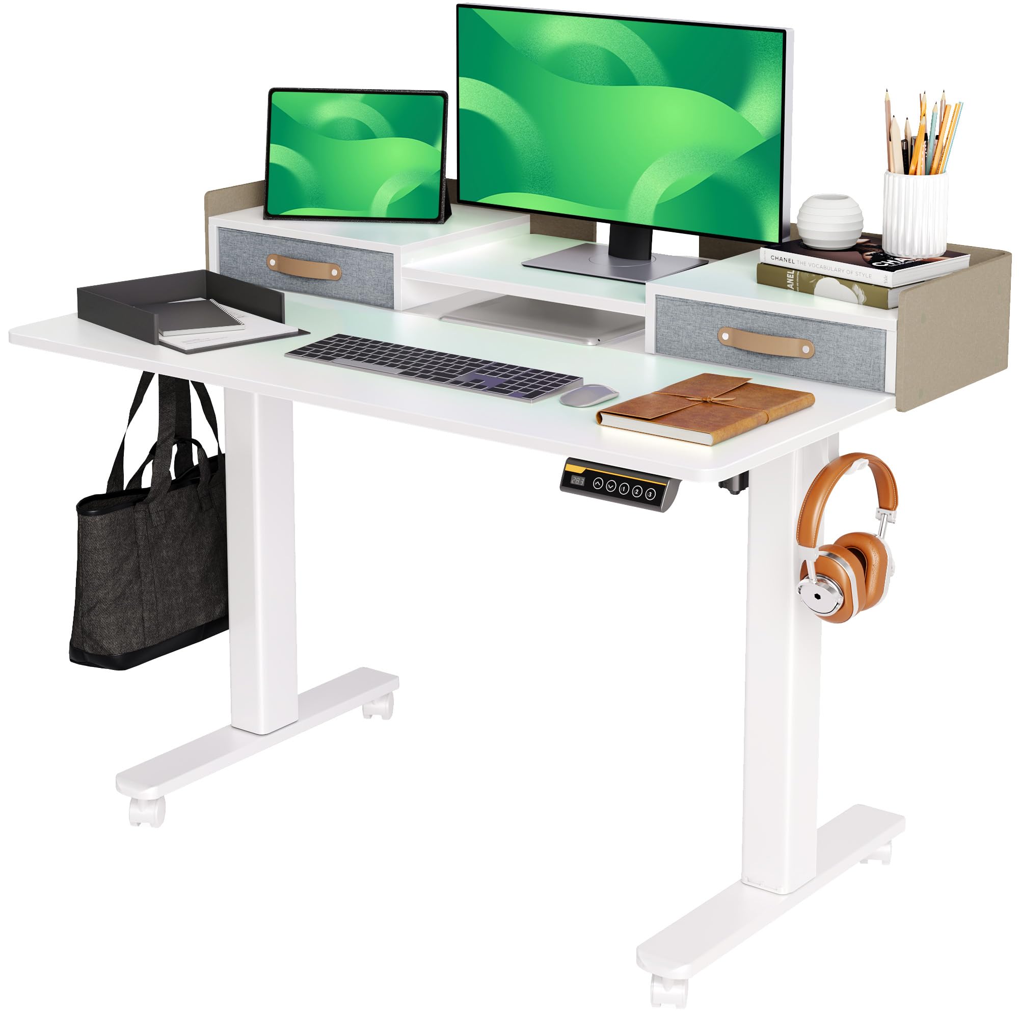 Desk with Drawers, Adjustable Height Stand up Desk with Storage Shelf, Electric Small Sit Stand Desk with Splice Board, 48 Inch, White