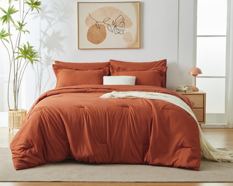 Queen Comforter Set Burnt Orange, 7 Pieces Bed in a Bag Terracotta