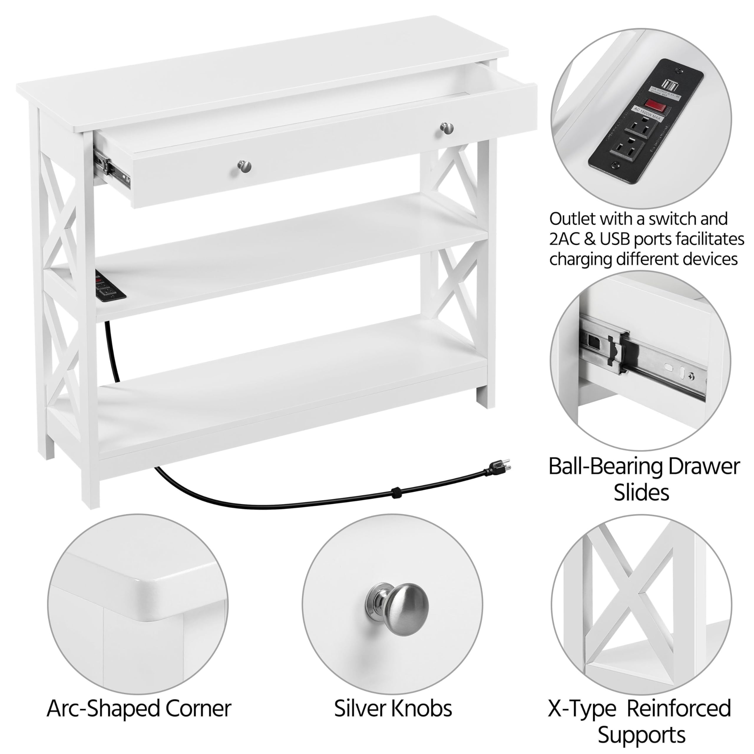 Entryway Table with Drawer, Wood Console Table with Outlets and USB Ports,