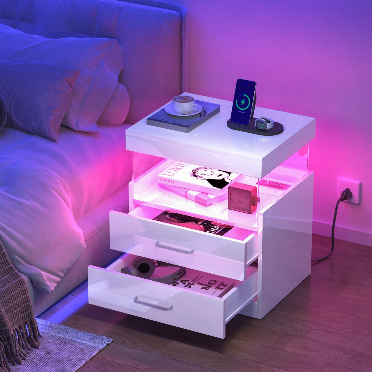 high Glossy LED Nightstand, White Night Stand with Charging Station and LED Lights,