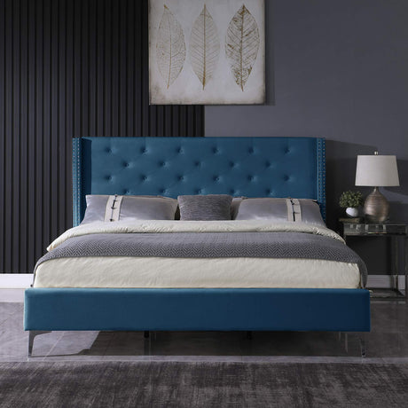 Upholstered California King Bed Frame with Tufted Headboard Blue Velvet Platform