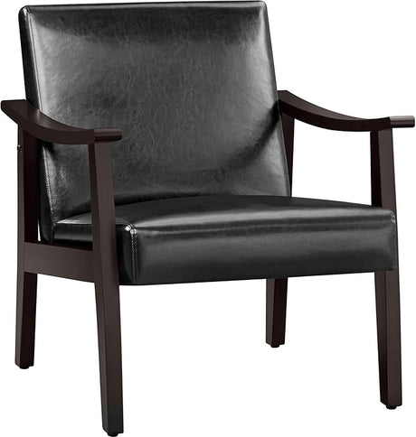 PU Leather Accent Chair, Mid-Century Modern Armchair with Solid Wood Legs, Reading