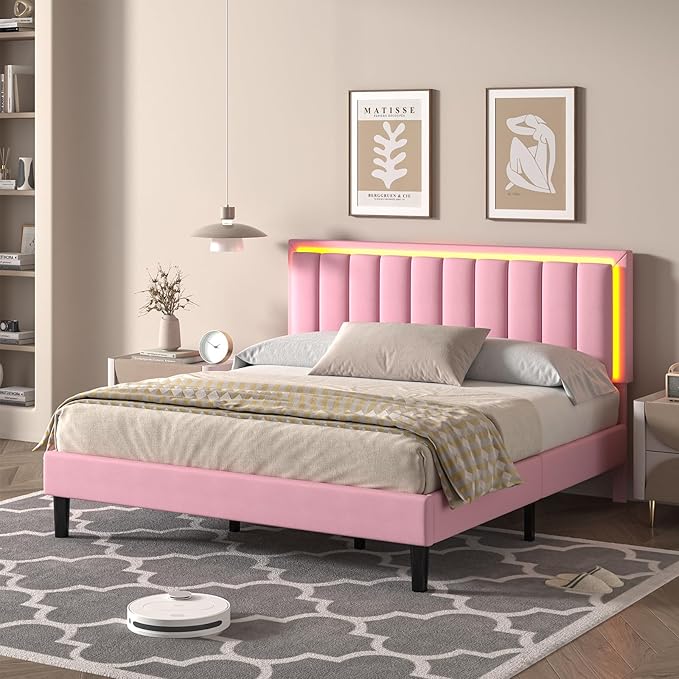 Queen Bed Frame with LED Lights, Upholstered Bed Frame Queen with Headboard