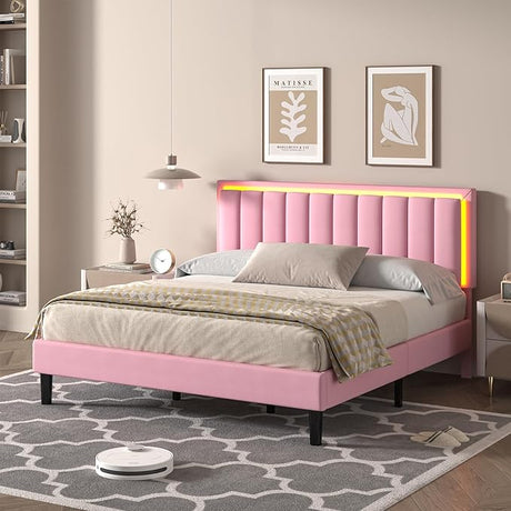 Queen Bed Frame with LED Lights, Upholstered Bed Frame Queen with Headboard